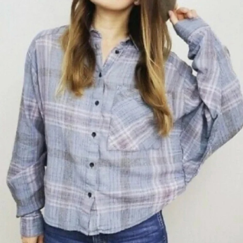 Free People Plaid Cutie Button Down Blue Shirt Size XS Collared Boho Top Dolman
